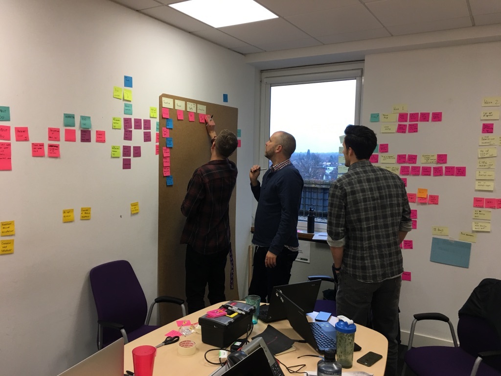 Ben Hills-Jones, Peter Winchester and I putting coloured post-it notes onto a large piece of brown paper hung on a wall. The post-it notes are our initial data items the home insurance quote and buy journey needed to capture.