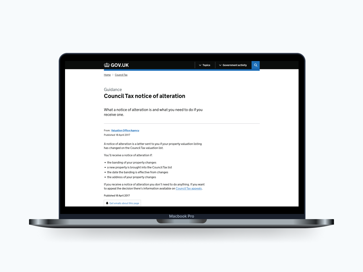 A screenshot of the GOV.UK page 'Council Tax notice of alteration' within a laptop mock up.