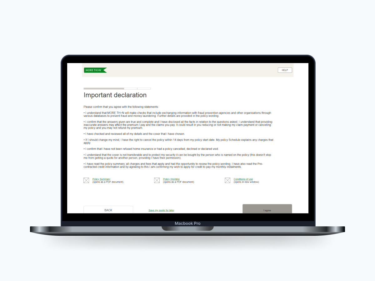 A screenshot of the RSA home insurance terms and conditions before we designed them, within a laptop mock up.