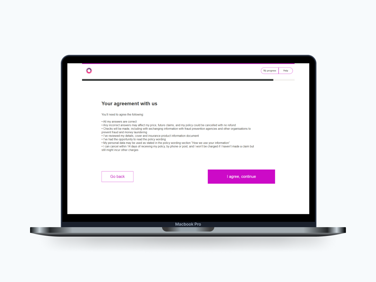 A screenshot of the RSA home insurance terms and conditions after we designed them, within a laptop mock up.