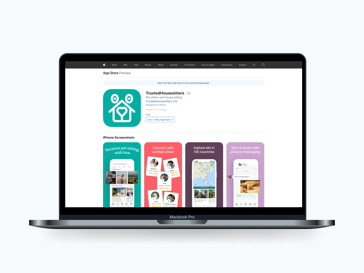 A screenshot of the TrustedHousesitters app in the Apple App Store within a laptop mock up.